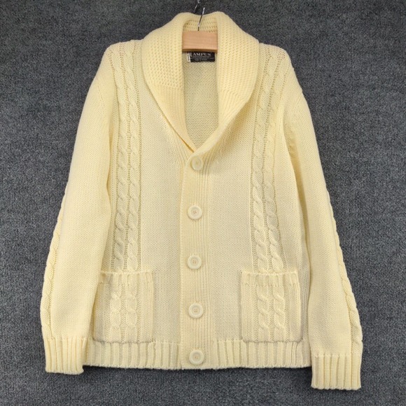 Campus Men's Button Front Cable Knit Cardigan Sweater Cream Medium Shawl Collar - Picture 2 of 11